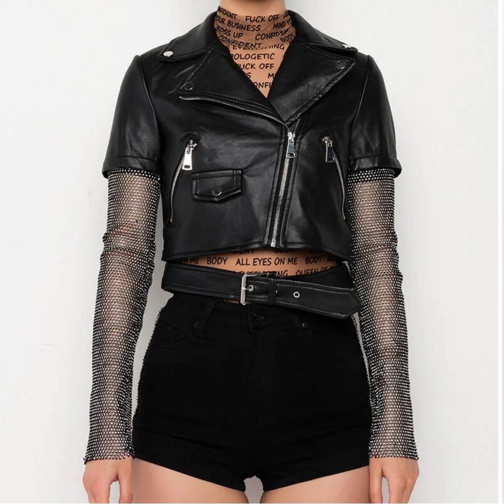 AKIRA Acerola Cropped Rhinstone Moto Jacket - Size L